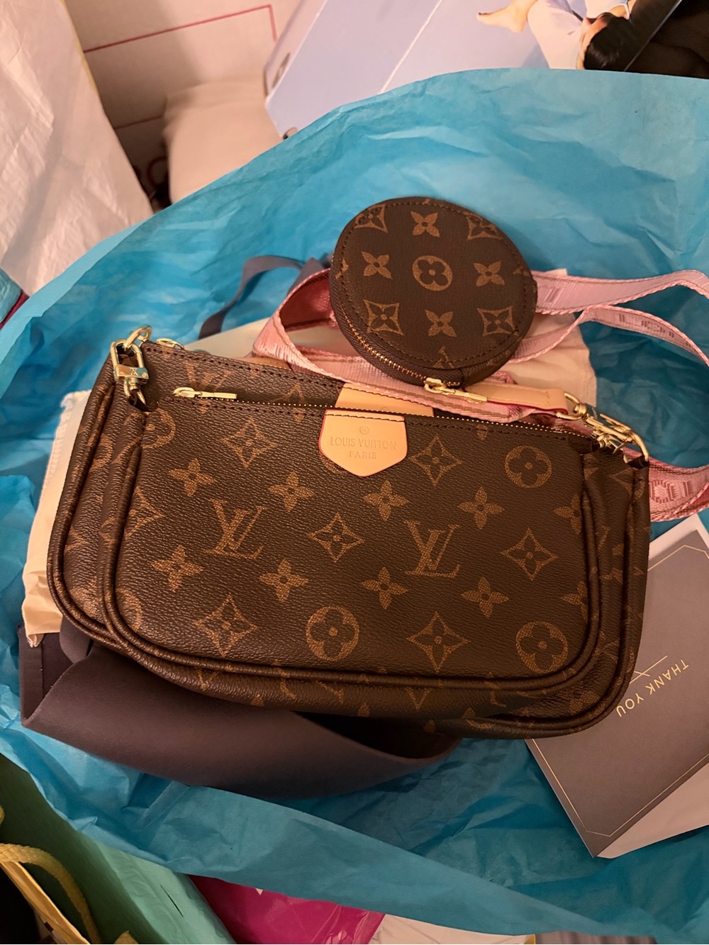 Louis Vuitton Brown Monogram Multi-Pochette with Pink Strap and Coin Pouch
